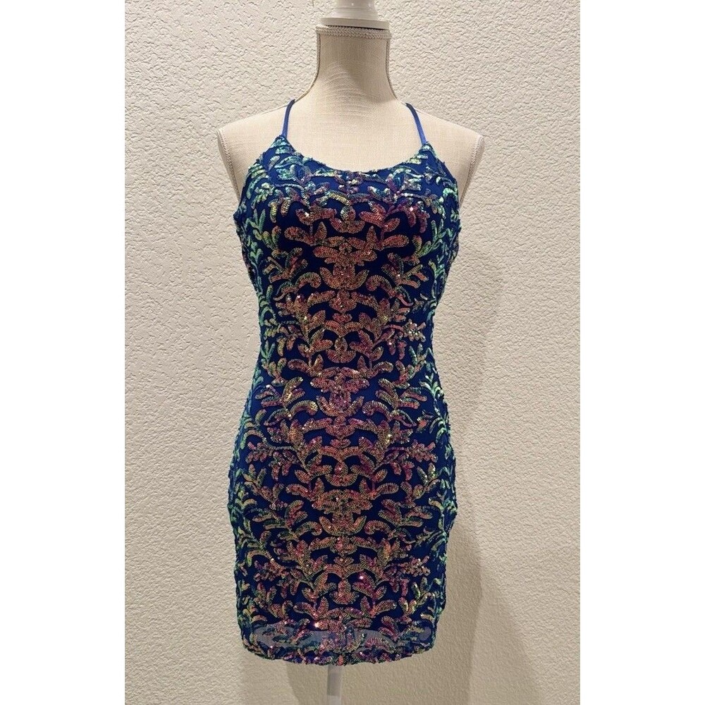 Honey and Rosie Formal Pattern Sequin Iridescent Blue Mini Dress. Size XS Junior